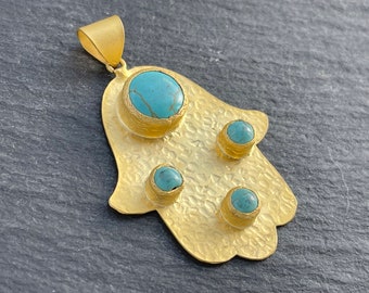 Matte Gold Plated Hamsa Pendant with Turquoise Howlite Gemstones, Protection Hand Charm, Spiritual Jewelry Supply