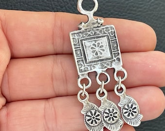 Silver Plated Tribal Dangle Pendant, Boho Connector Charm, Ethnic Jewelry Statement Finding, 374B