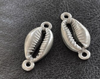 Silver Plated Cowrie Shell Connector Charms, Double Loop Seashell Link Pendant Jewelry Making Supplies, 693B