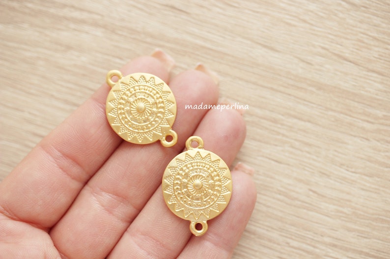 2 Mandala Coins Links Connectors 24K Matte Gold plated Sun boho tribal style Turkish Jewellery supplies crafts mdla0585A