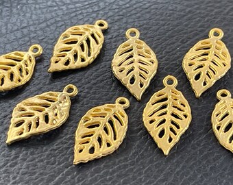 8  Leaf Charms Pendants 24k Matte Gold plated filigree leaves 24mm Turkish Jewelry supply mdla0170X