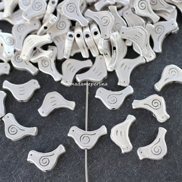 6  Bird Spacer Beads Matte Silver plate slider charms Turkish jewelry supply   mdla1352B