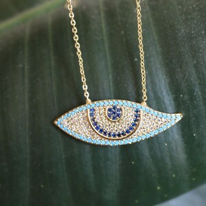 Blue Cz Evil Eye Charm Necklace Gold plated hand made Turkish jewelry KLY59B