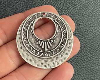 Silver Plated Large Pendant, Boho Statement Tribal Circle, Textured Disc Pendant, Jewelry Finding,  353B