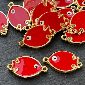 2  Fish Connector Charms Gold plated Red enamel amulet links double sided Turkish jewelry supply mdla1228B