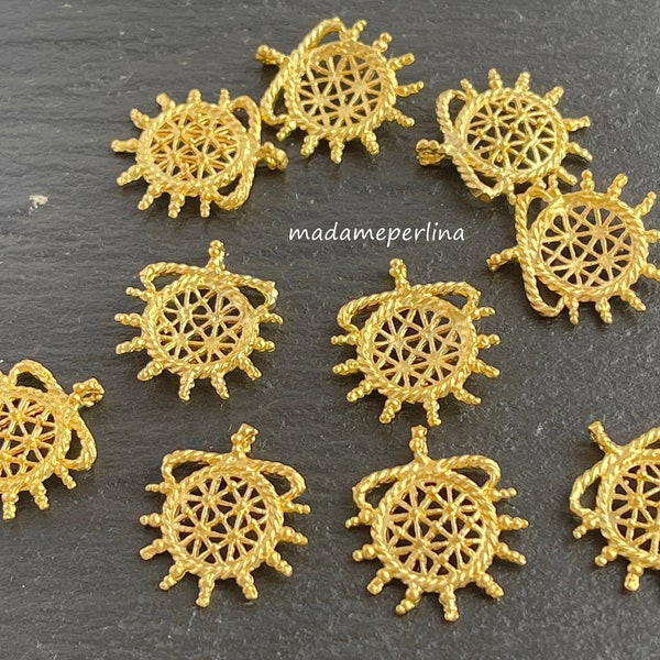 6  Sun Charms Pendants 24k Matte Gold plated Hitit Hittite Sun ray filigree Turkish Jewelry supply mdla0849A