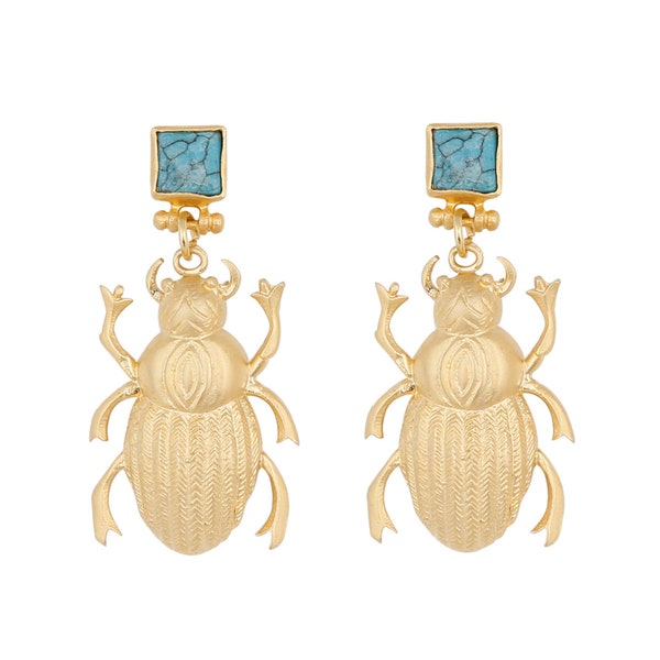 Bug Roach Turquoise Earrings dangle studs 24k matte gold plated cockroach Turkish hand made jewelry KP039