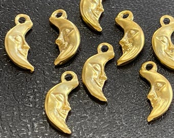 Matte Gold Plated Crescent Moon Face Charms 8 PCS, Double Sided Celestial Jewelry Findings, 113A