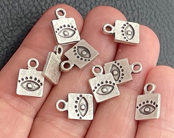 Silver Plated Evil Eye Charms 10 pcs, Square Nazar for Jewelry Making, Protective Symbol Pendants DIY Supplies, 313B