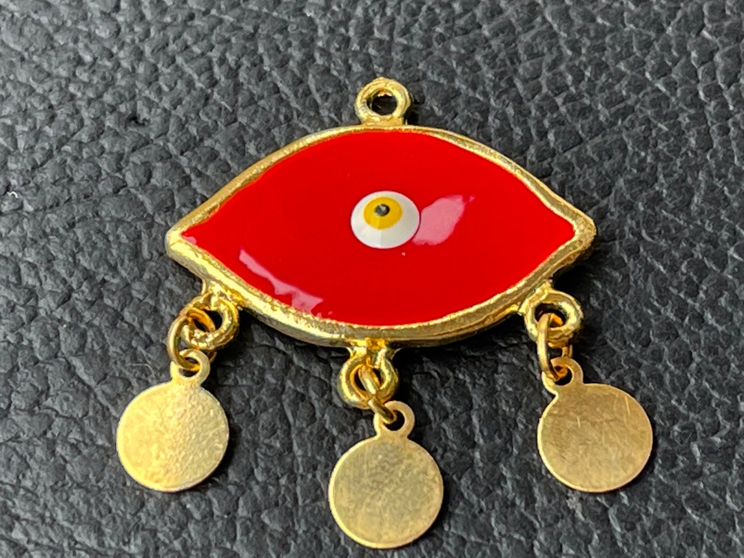 1 Evil Eye Pendant Gold Plated Enamel Chandelier Coins Red Amulet Good