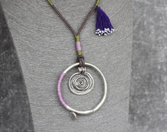 Boho Necklace Silver plated Circle Tribal Ethnic Rope wrapped Green and Purple Tassel Brown cord Turkish hand made jewellery KLY42