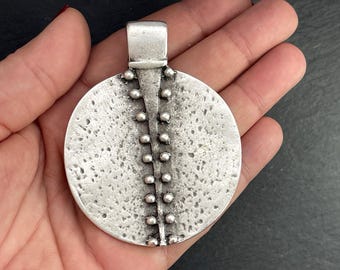 Tribal Disc Necklace Pendant Jewelry Supply, Large Ethnic Sculptural Charm, Silver Plated Primitive Statement, 77B