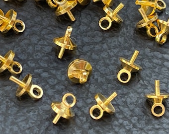 Gold Plated Bead Cap With Peg Bail 20 Pcs, Screw Eye Pin Findings, Half Drilled Pearl Pendant Connector DIY Jewelry Making Supply, 182A