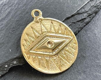 Gold Plated Evil Eye Coin Pendant 1 Pc Disc Charm Protective Symbol Jewelry Making Supplies, 1099C