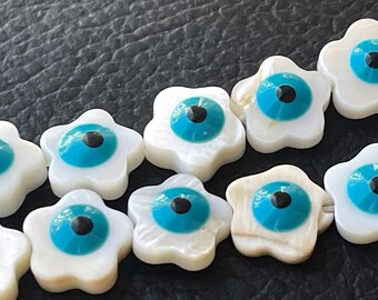 Mother of Pearl Evil Eye Flower Beads 6pcs, Nazar Shell Beads, Protective Floral Beads, Jewelry Making Supplies, 1421C