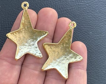 Gold Plated Hammered Star Pendants, Large Star Charms for Jewelry Making, Textured Celestial Charm, DIY Necklace Earrings Supplies, 775D