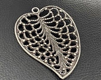 1  Large Leaf pendant connector Matte Silver plated filigree non tarnish Turkish Jewelry supply mdla0866B