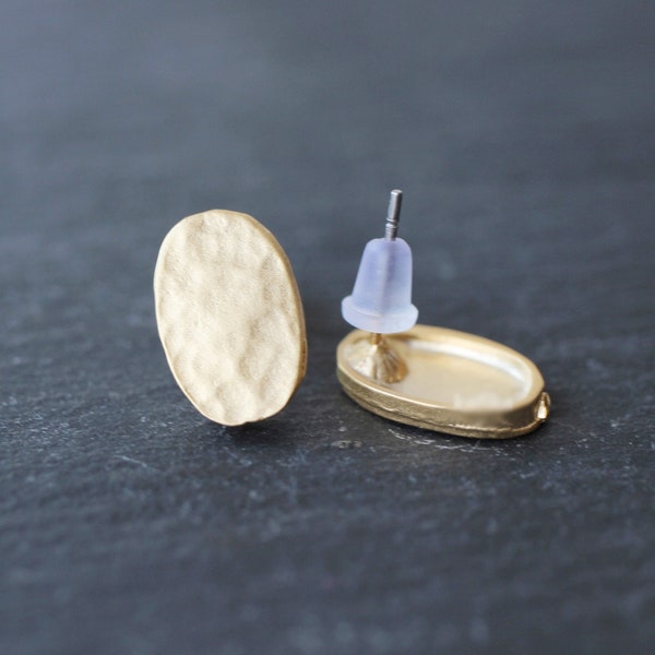 Simple Stud Earrings Matte Gold plated oval textured Turkish hand made jewelry KP126