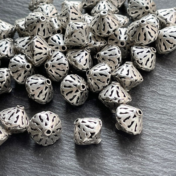 2  Bicone Spacer Beads Matte Silver Plated 14mm filigree Turkish jewelry supply  mdla0769B