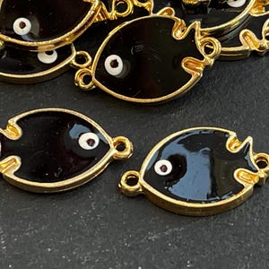2  Fish Connector Charms Gold plated Black enamel amulet links double sided Turkish jewelry supply mdla1228C