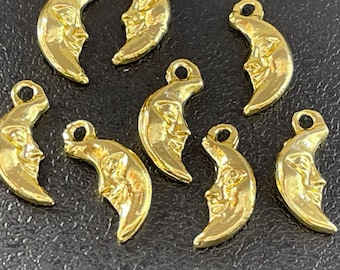 Gold Plated Crescent Moon Face Charms 8 PCS, Double Sided Celestial Jewelry Findings, 113C