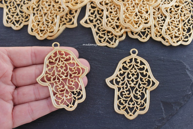 1 Hand Large Pendant 24K Mat Gold Plated 70mm Filigree Etsy