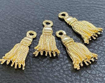 4 Pcs Gold Plated Tassel Charms, Mini Tassel Pendants, Textured Gold Charms, Boho Earring Charms, Jewelry Making Supplies, 206D