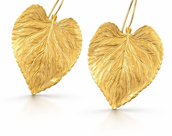 Matte Gold Plated Leaf Drop Earrings Bold Statement Jewelry, KP2