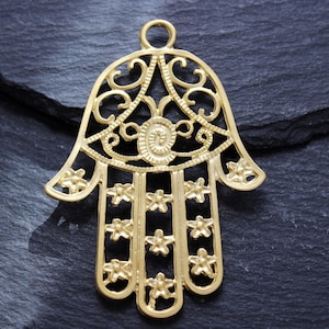 1  Hamsa Hand Pendant Large Matte Gold plated filigree Turkish jewelry supply  mdla1035A