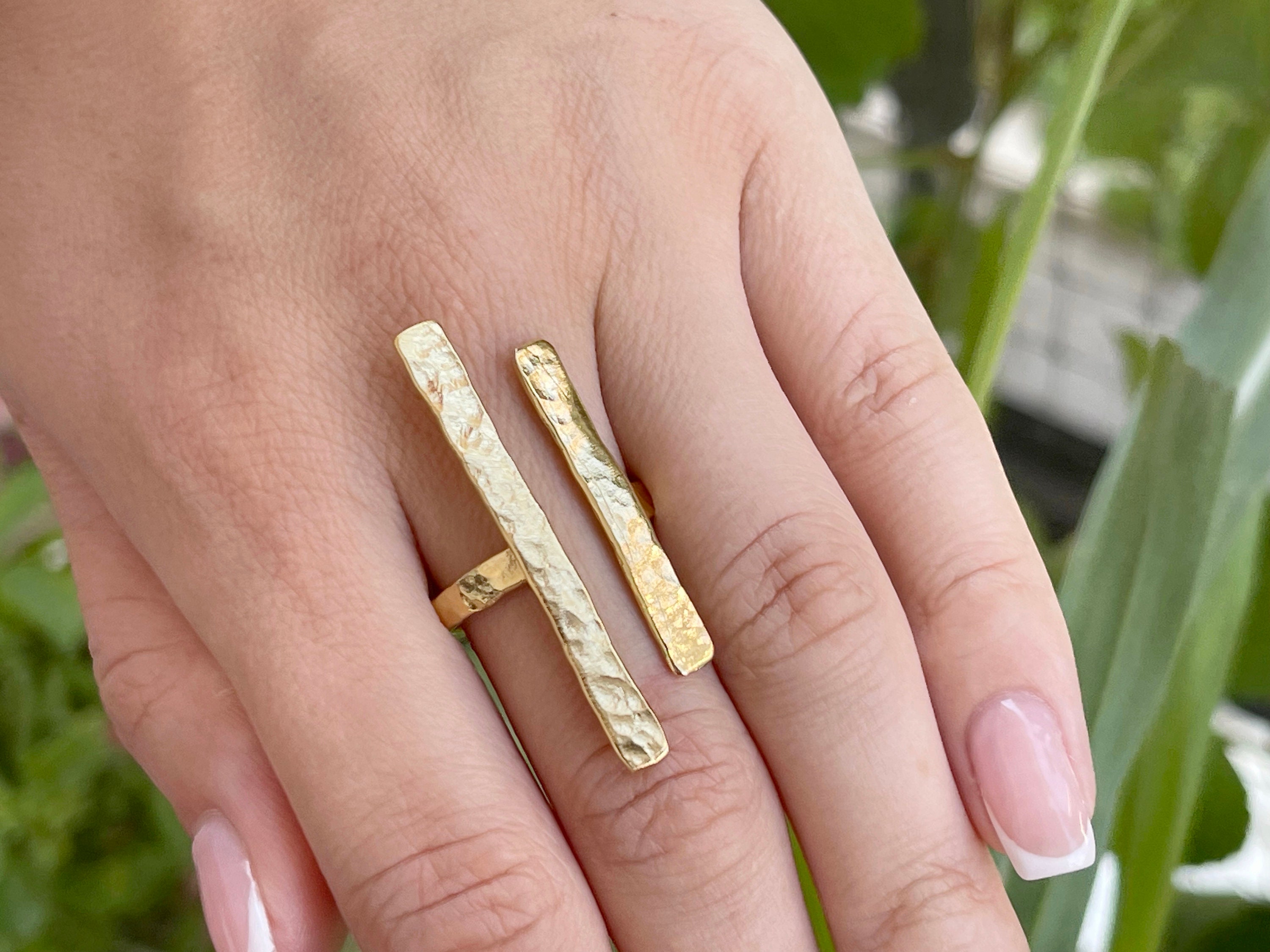 Hammered Bars Ring Gold Plated Brass Adjustable Turkish Top