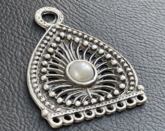 Connettore placcato argento con perla sintetica, ciondolo etnico boho, charm multi-anello per la creazione di gioielli, 871B