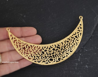 Matte Gold Plated Crescent Collar Pendant, Filigree Statement Necklace Connector Charm for DIY Jewelry Making Supply, 1204A