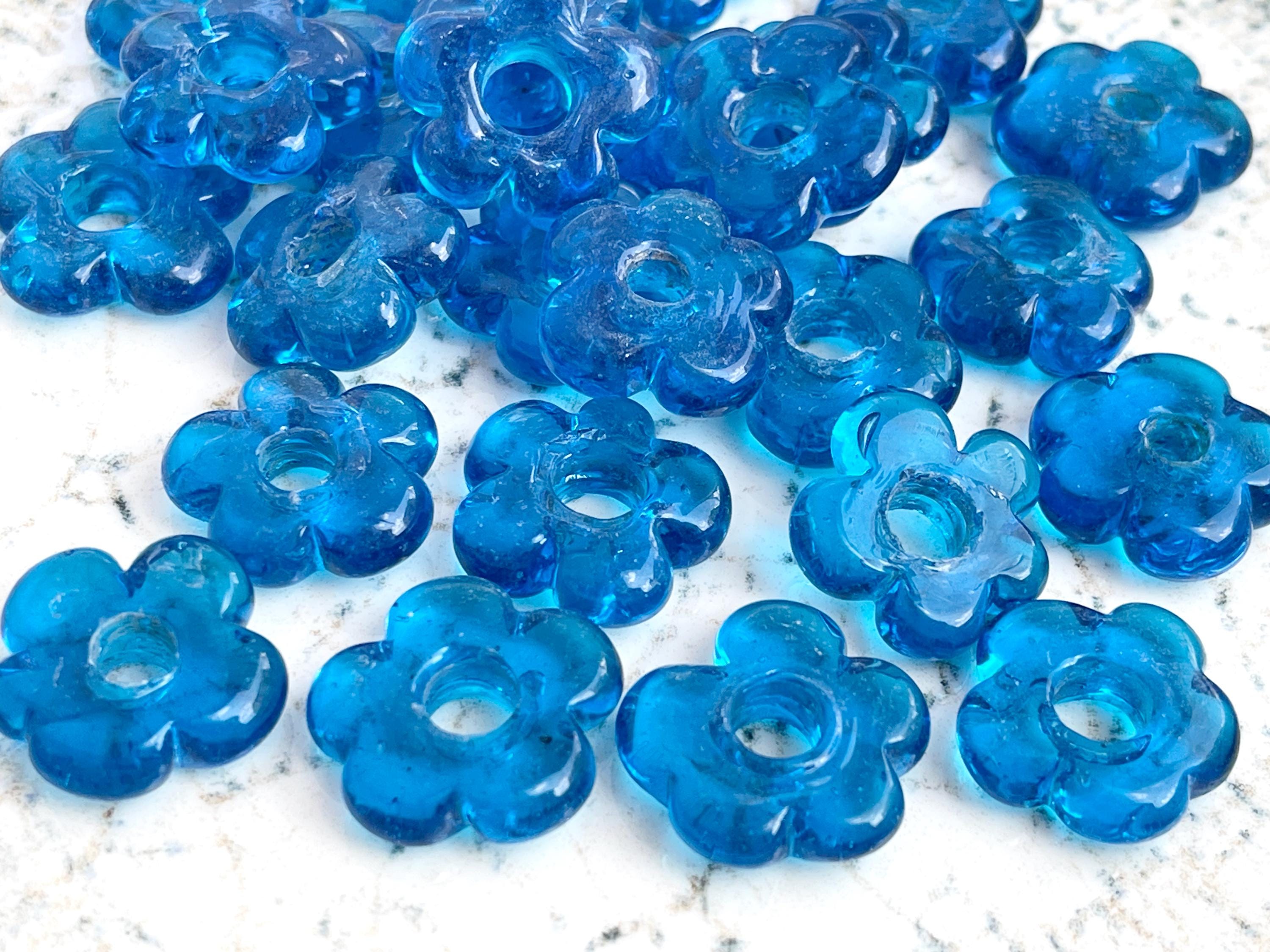 Handcrafted Clear Blue Lampwork Glass Flower Beads, 6 Pcs Artisan