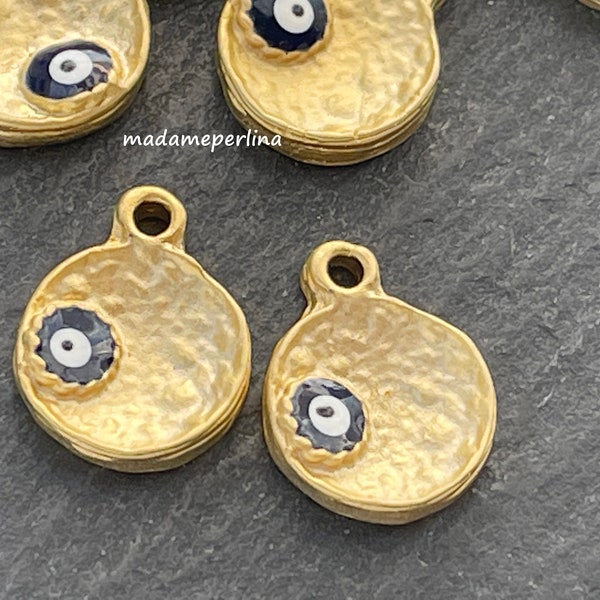 2   Evil Eye Pendants Blue eye 24K Matte Gold plated enameled hammered  Turkish jewelry supply mdla0627A