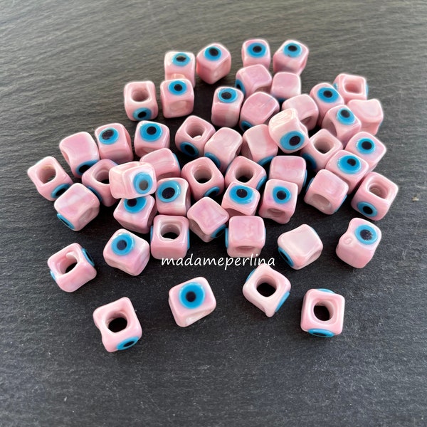 1  Glass Evil Eye Square Bead Pink cube Evileye beads Handmade Amulet Good Luck Talisman Turkish jewellery supply mdla1307H