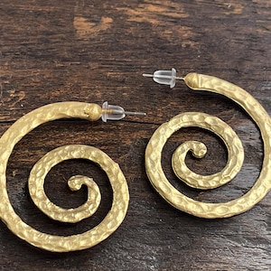 Spiral Earrings Matte Gold plated hammered hoops  Turkish hand made jewelry KP87