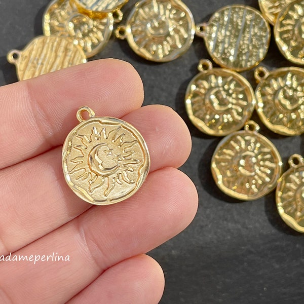 1  Moon and Sun 24K Gold Plated coin pendant medallion Turkish Jewelry supply mdla0927