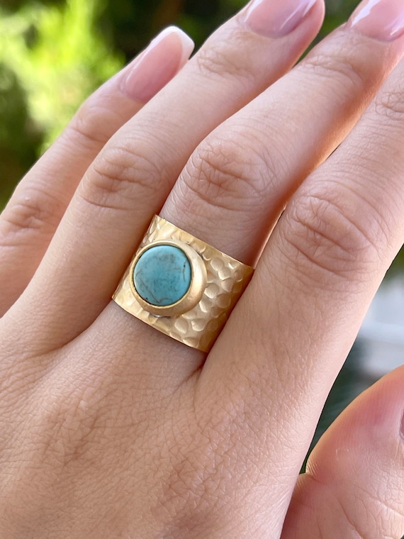 Turquoise Ring Matte Gold Plated Adjustable Howlite Gemstone