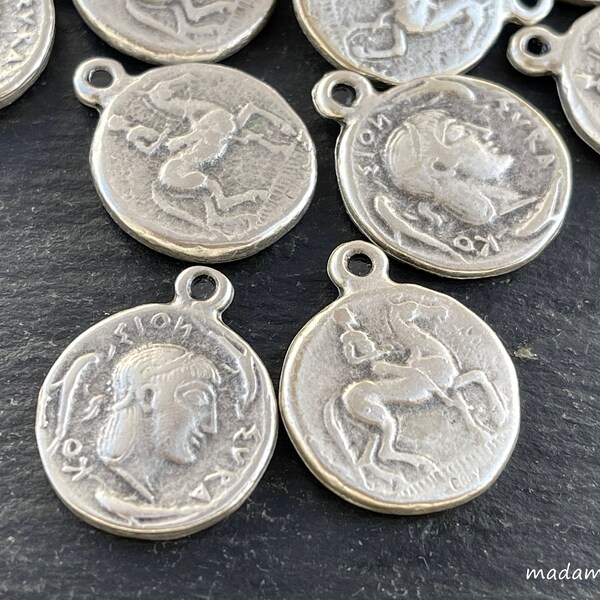 2   Greek Roman Coin Pendants Matte Silver plated ancient double sided Turkish jewelry supply mdla1110B