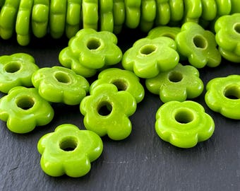Handcrafted Lime Green Lampwork Glass Flower Beads, 6 Pcs Artisan Hobby Jewelry Making Unique Supply, 1500A