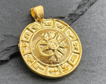 Pingente Sol e Lua do Zodíaco banhado a ouro fosco, amuleto astrológico para confecção de joias, 1159A