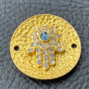 1  CZ Evil Eye Hamsa Hand Connector Pendant Matte Gold plated Coin Link rhinestone Turkish jewelry supply mdla0522B