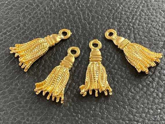 4 Tassel Pendants 24K Matte Gold Plated Metal Tassels Turkish
