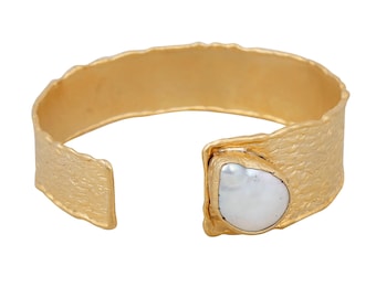 Pearl Cuff Unique Bracelet Matte Gold plated asymmetric adjustable Turkish jewelry blz48