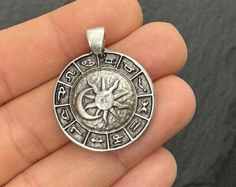 Silver Plated Zodiac Sun Moon Pendant, Astrology Horoscope Charm Celestial DIY for Jewelry Making, 1159B