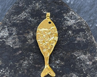 Gold Plated Fish Pendant, Spiritual Talisman Charm Jewelry Making Unique Handcrafted Supply, 1533A