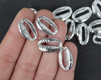 Silver Plated Cowrie Shell Connector Charms 4pcs, Beach Style Shell Pendants, Nautical Jewelry Findings DIY, 1184B
