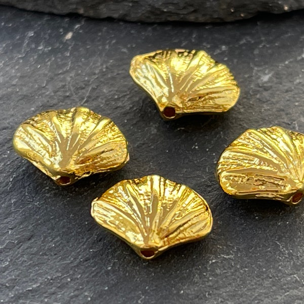 4  Sea Shell Spacer Beads 24K Gold plated double sided scallop shells  Turkish jewelry supply  mdla0981A