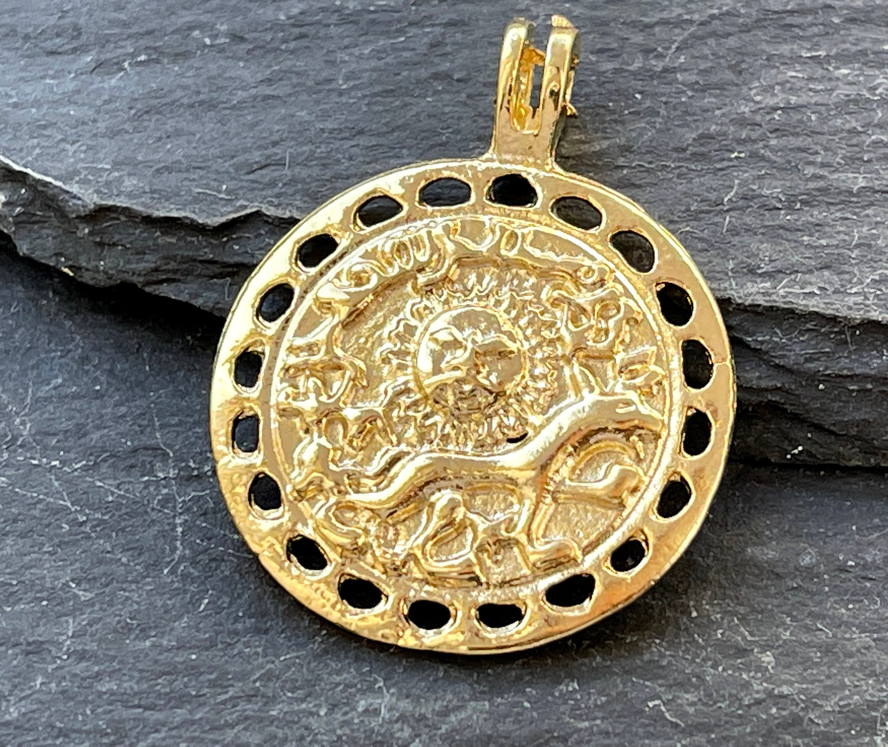 1 Sun Lion Coin Pendant 24K Gold Plated Medallion Turkish