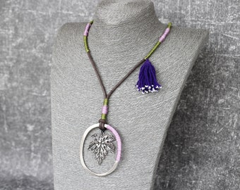Long Boho Necklace Silver plated Leaf Tribal Ethnic Rope wrapped Green and Purple Tassel Brown cord Turkish hand made jewellery KLY43